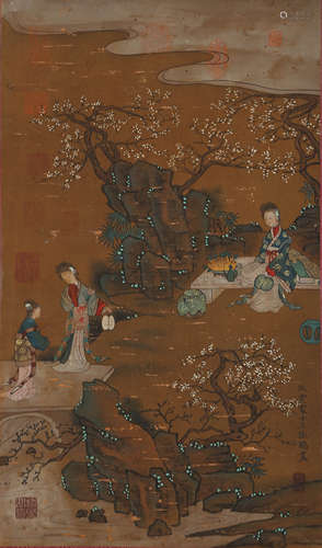 A CHINESE SCROLL PAINTING OF LADIES IN A YARD, WANG ZHEN PEN...