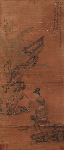 A CHINESE SCROLL PAINTING OF A LADY IN THE YARD ,TANG YIN MA...