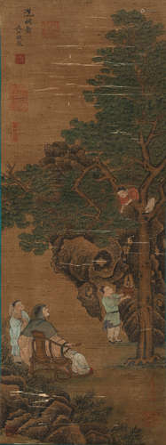 A CHINESE SCROLL PAINTING OF PEOPLE IN A YARD, QIAN GOU MARK