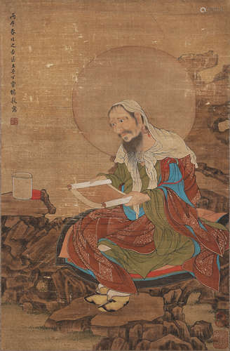 A CHINESE SCROLL PAINTING OF A MAN READING BY DING YUN PENG