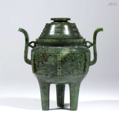 A CHINESE SPINACH-GREEN JADE TRIPOD CENSER