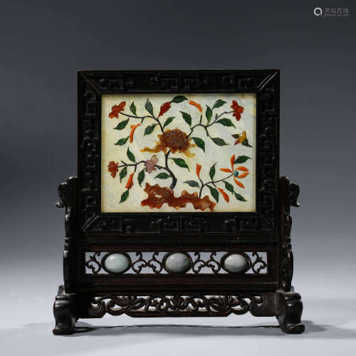 A CHINESE WHITE JADE TABLE SCREEN WITH EMBELLISHED GEMS AND ...