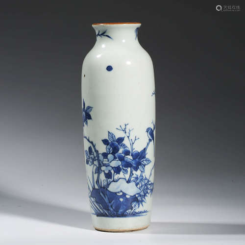 A CHINESE PORCELAIN BLUE AND WHITE BIRD AND FLOWER VASE