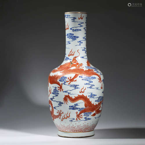 A CHINESE PORCELAIN BLUE AND WHITE IRON-RED-GLAZED DRAGON VA...