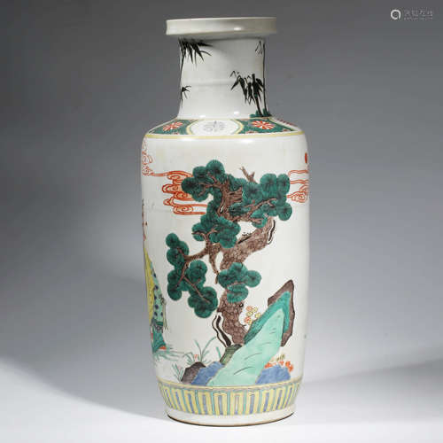 A CHINESE PORCELAIN WUCAI SCHOLAR AND DEER ROULEAU VASE