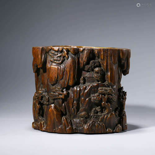 A CHINESE WOODEN MOUNTAINS AND PINES BRUSH POT