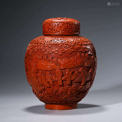 A CHINESE CINNABAR MOUNTAIN AND PEOPLE JAR AND COVER