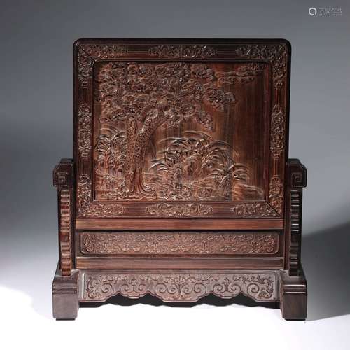 A CHINESE ZITAN WOOD PINES TABLE SCREEN AND STAND