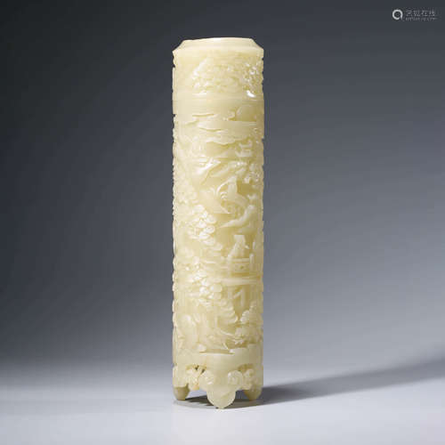 A CHINESE WHITE JADE CARVING OF BRUSH POT