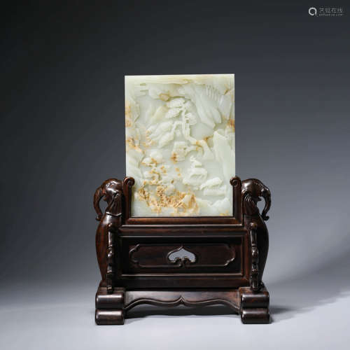 A CHINESE WHITE JADE TABLE SCREEN AND WOODEN STAND