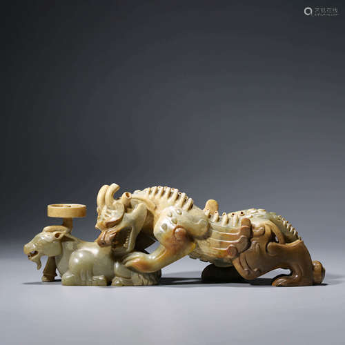 A CHINESE JADE BEAST AND RAM INCENSE HOLDER