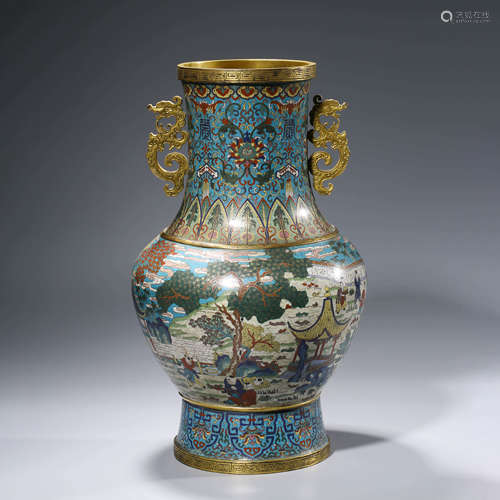 A CHINESE CLOISONEE ENAMEL VASE WITH DRAGON HANDLES