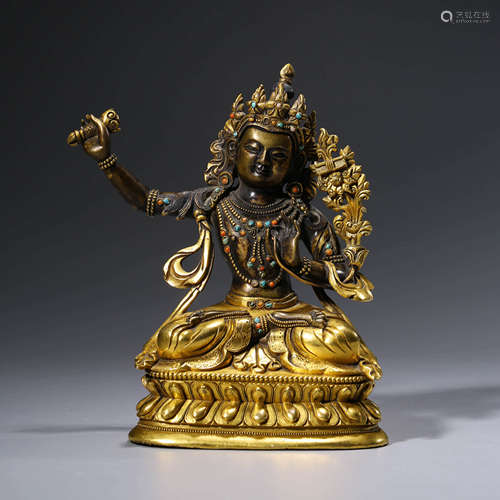 A CHINESE GITL-BRONZE MANJUSHRI STATUE