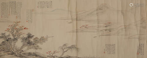 A CHINESE SCROLL PAINTING OF MOUNTAINS AND RIVERS