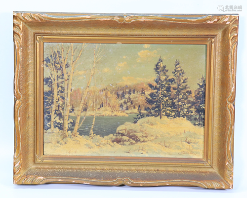 American Snow Landscape by Lake; Oil Canvas Board