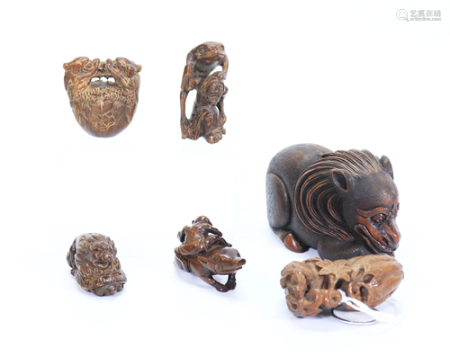 6 Japanese signed Carvings 1 Okimono 5 Netsuke