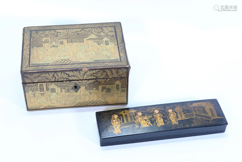 Chinese Gold Black Lacquer Tea Caddy; Pencil Box