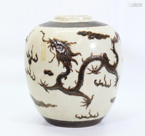Chinese Crackle Glaze Porcelain Jar Brown Dragons