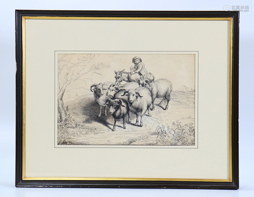 European 19 C Pen & Ink Drawing Goat Herder Signed