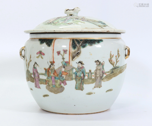 Chinese Qing Enameled Porcelain Pot; Court Figures