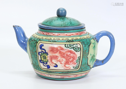 Chinese 19 C Enameled Yixing Large Teapot