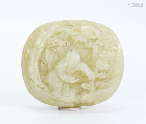 Chinese 18 C Pale Celadon Jade Plaque Boy & Flower