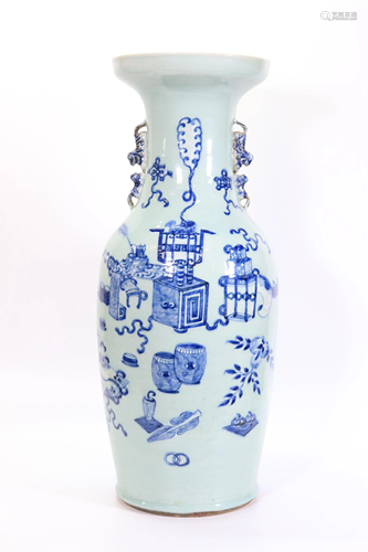 Large Chinese Blue White & Celadon Porcelain Vase