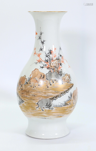 Chinese Porcelain Vase Design of 9 Water Buffalo