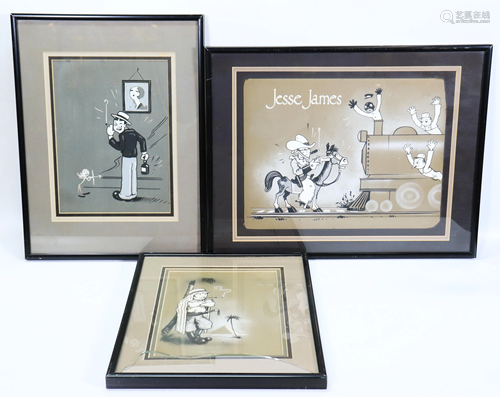 3 American 1920's Cartoons Ink & White Gouache