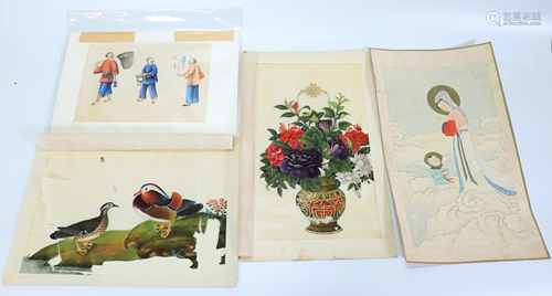 4 Chinese Paintings on Paper; 3 Pith, 1 Silk