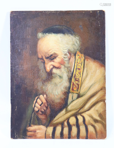 Judaica; Oil Canvas; Elder Arranging the Tefillin