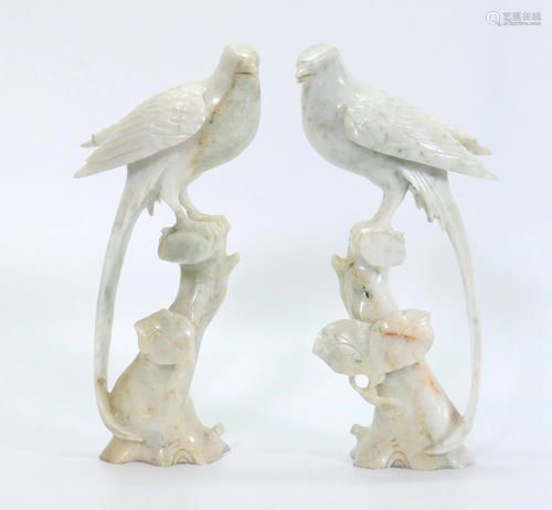 Pair Chinese Carved Hard Stone Long Tail Birds