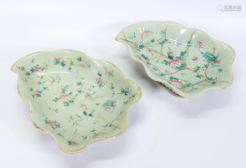 2 Chinese Enamel & Celadon Porcelain Leaf Bowls