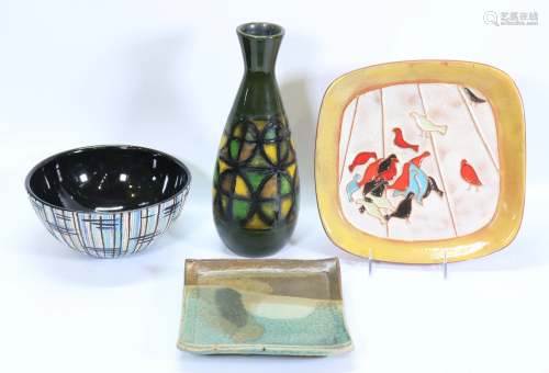4 Mid Century Modern Ceramics; 2 Plates Bowl Vase