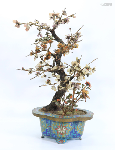 Chinese Hardstone Flowering Tree Cloisonne Planter