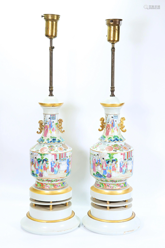 Pr Chinese 19 C Rose Mandarin Porcelain Vases