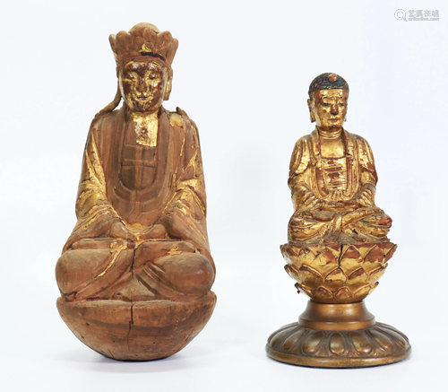 2 Chinese Antique Gilt Wood Seated Buddha Carvings