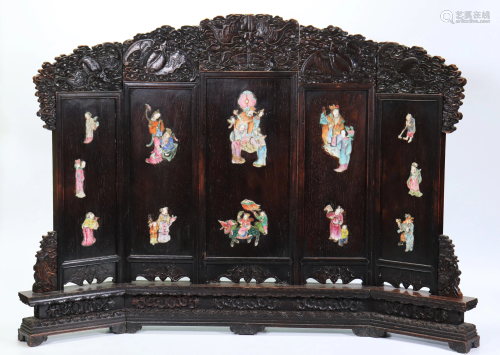Chinese Qing Porcelain Inlaid in Black Wood Screen