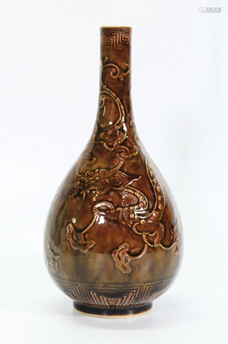 Chinese 19 C Brown Glaze Porcelain Qilong Vase