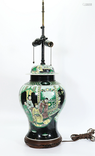 Chinese Famille Noire Enamel Porcelain Temple Jar