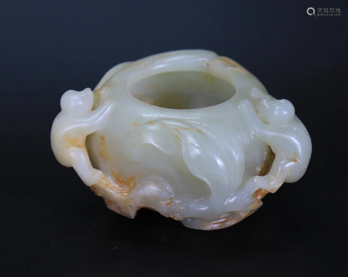 Chinese Carved Pale Celadon Jade Monkey Water Pot