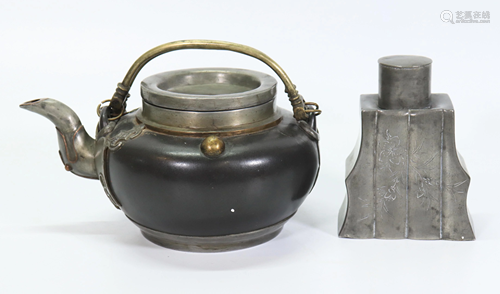 Chinese Pewter & Yixing Teapot; Pewter Tea Caddie