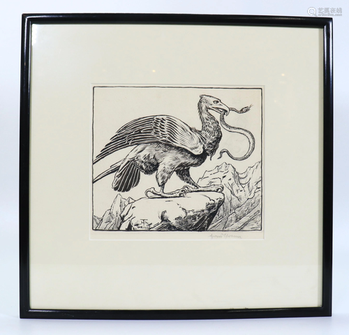 Hans Thoma Pen & Ink Heraldic Design Eagle & Snake