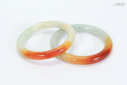 2 Chinese Qing Jadeite Bangles; Rich Russet Spot