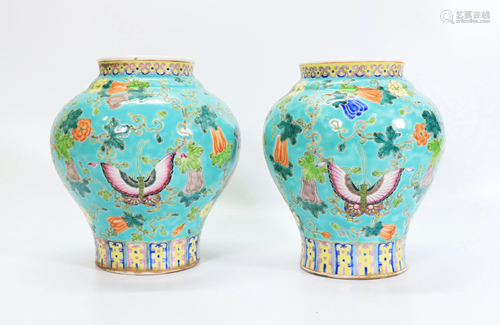 Pair Chinese Turquoise Enameled Porcelain Jars