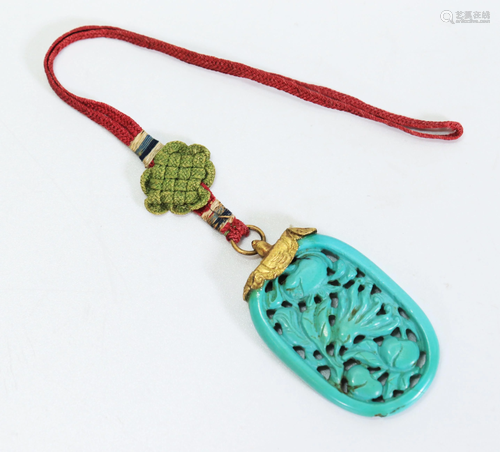 Chinese Qing Dynasty Turquoise Pendant Silk Cord