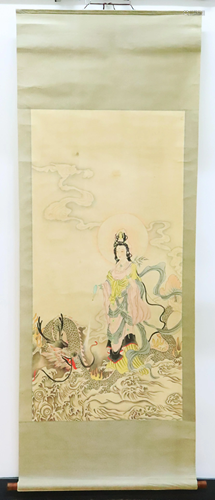 Chinese Scroll Painting Guanyin Riding Dragon