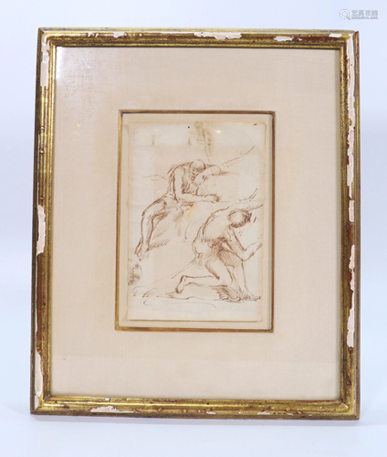 Old Master Italian Drawing 2 Males 18 C Brown Ink