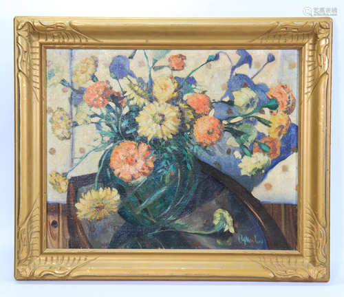 Modernist American Vase of Zinnias; Oil on Canvas