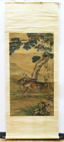 Chen Quan; Chinese Scroll Deer Painting on Silk